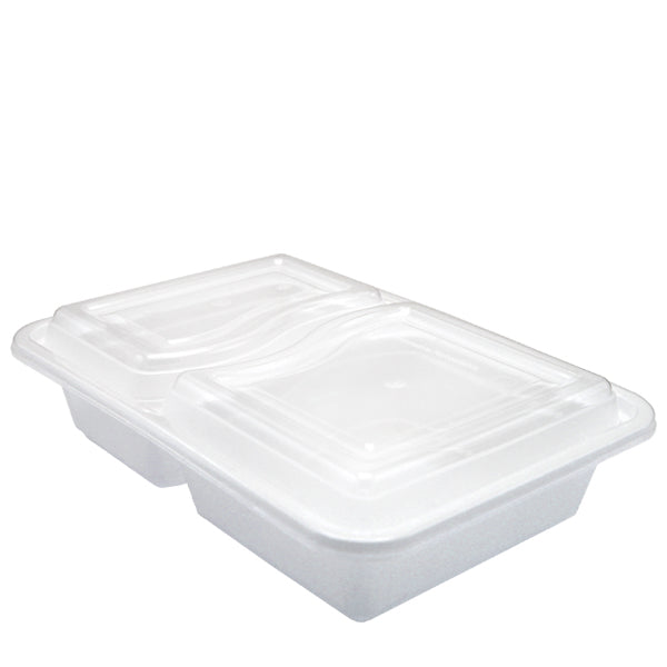 H Pack Container 2 Compartment: _7.5oz + 12.5oz` / Clear Lids / 150 Containers White Base Microwavable 2 Compartment