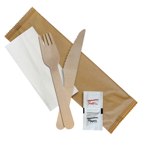 Dispo Biodegradable Cutlery 250 Sets / Fork Knife Napkin Salt & Pepper Individually Wrapped Birchwood Cutlery 5 pack