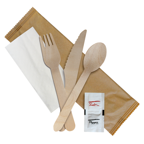 Dispo Biodegradable Cutlery 250 Sets / Fork Knife Spoon Napkin Salt & Pepper Individually Wrapped Birchwood Cutlery 6 pack