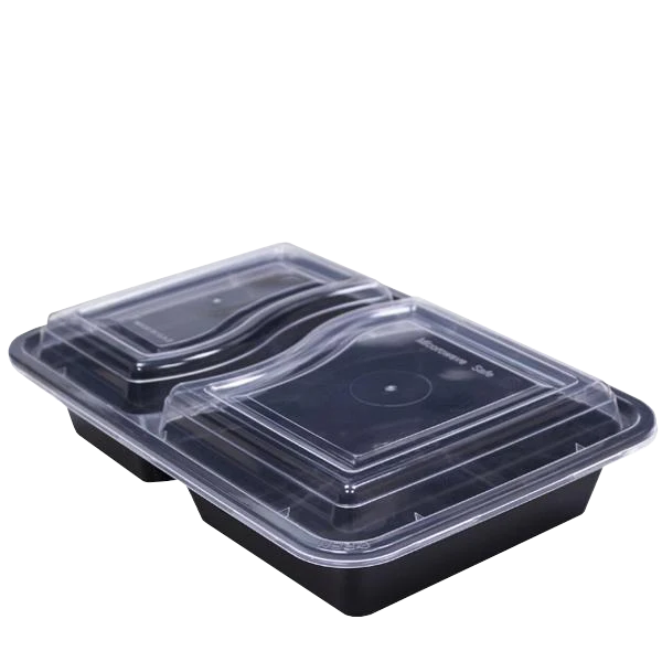 Herald Container 2 Compartment: _7.5oz + 12.5oz` / Clear Lids / 150 Containers Black Base Microwavable 2 Compartment