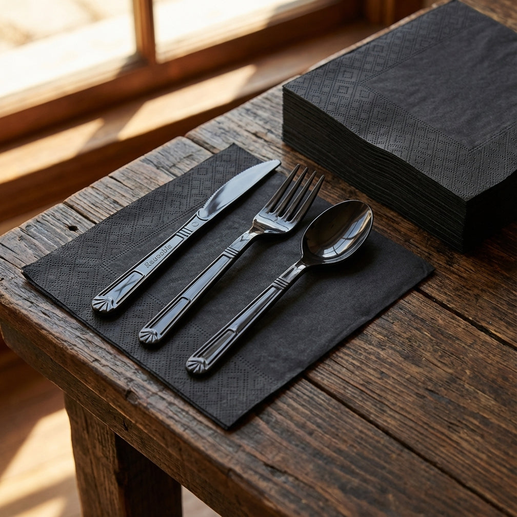 Heavy Duty Reusable Black Plastic Cutlery