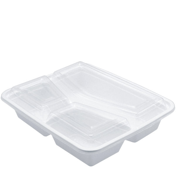 H Pack Container 3 Compartment / Clear Lids / 150 Containers White Base Microwavable 3 Compartment