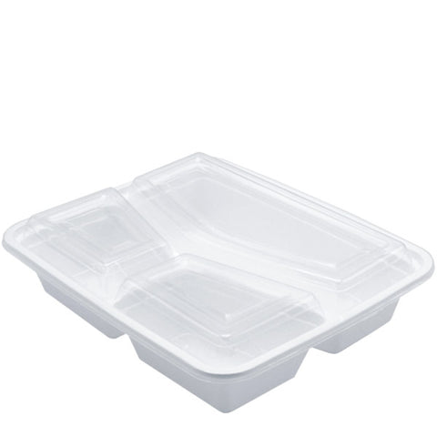 H Pack Container 3 Compartment / Clear Lids / 150 Containers White Base Microwavable 3 Compartment