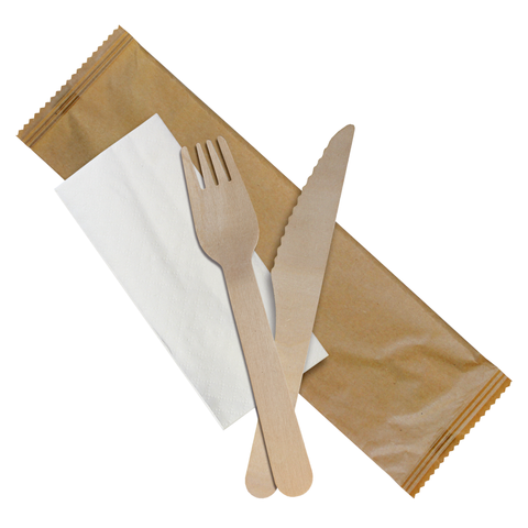 Dispo Biodegradable Cutlery 250 Sets / Fork Knife Napkin Individually Wrapped Birchwood Cutlery 3 pack
