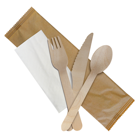 Dispo Biodegradable Cutlery 250 Sets / Fork Knife Spoon Napkin Individually Wrapped Birchwood Cutlery 4 pack