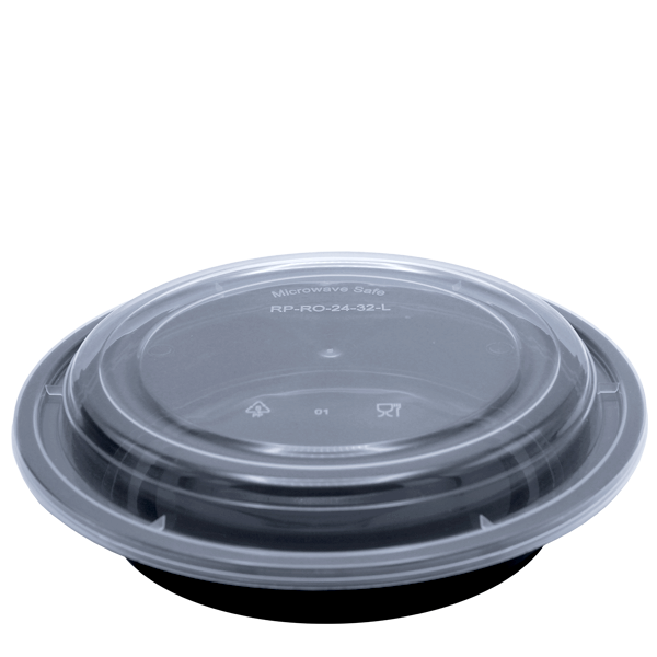 Herald Container 24oz / 681ml / Clear Lids / 150 Containers New & Improved Black Base Microwavable Round
