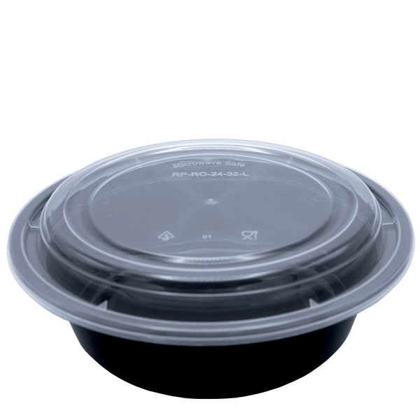 Herald Container 32oz / 909ml / Clear Lids / 150 Containers New & Improved Black Base Microwavable Round