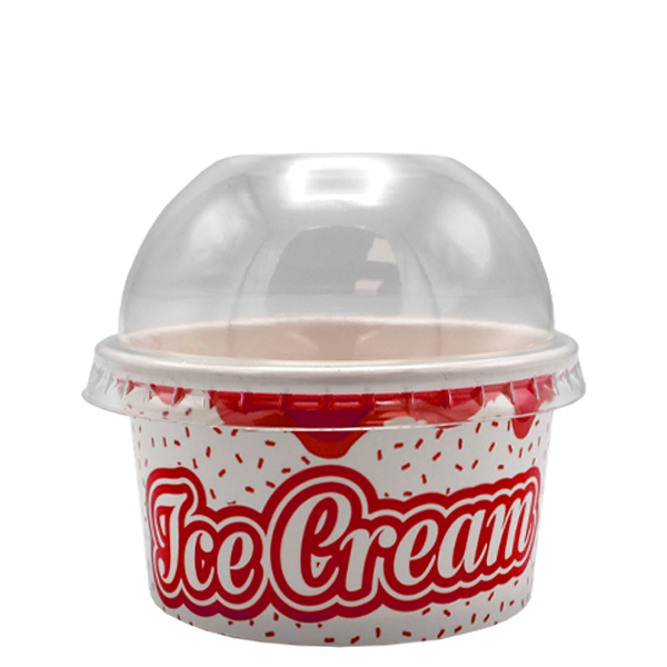 Stackable, food-safe ice cream tub with a vibrant red and white design, featuring a clear dome lid perfectly sealing the delightful treats inside, available in multiple scoop sizes for convenient and stylish take-away experiences.