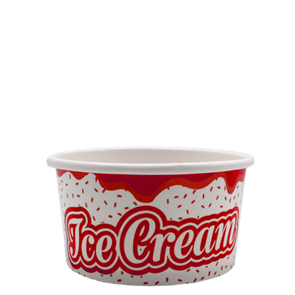 Set of three colourful ice cream tubs with vibrant, drip-effect designs in caramel, cherry, and pistachio themes, showcasing safe for direct food contact, stackable for easy storage, and lids made to fit, perfect for serving various frozen desserts.