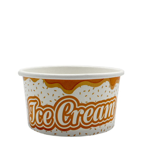 A stackable, colorful ice cream tub with secure fitting lid, perfect for serving a variety of frozen desserts, featuring a playful and vibrant ice cream text design on food-safe wax paper.
