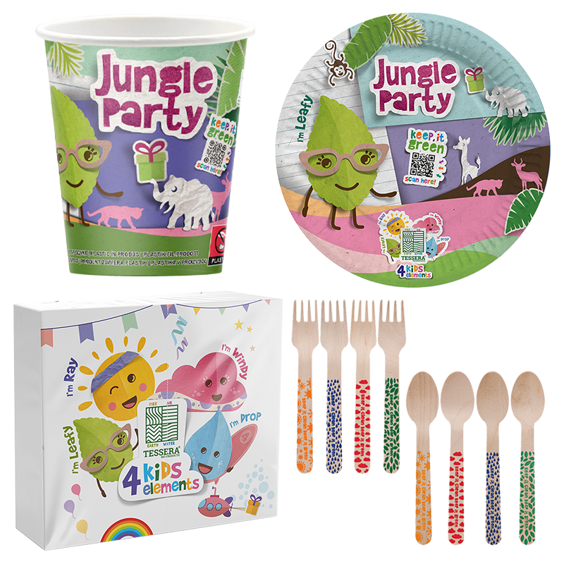 Intertan Disposable Tableware 16 x Cups Plates Forks & Spoons / 20 x Napkins / For a Party of 16 4KIDS Elements Jungle Party Set