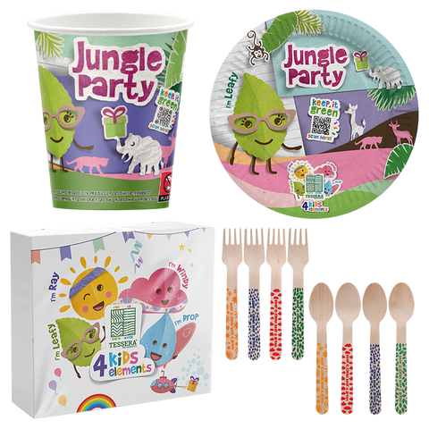 Intertan Disposable Tableware 16 x Cups Plates Forks & Spoons / 20 x Napkins / For a Party of 16 4KIDS Elements Jungle Party Set
