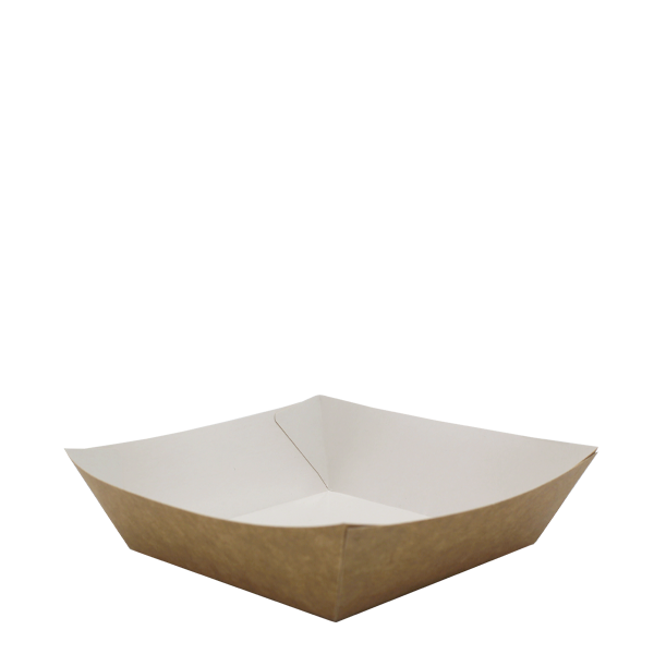 Elegant medium-sized Kraft Food Tray with eco-friendly soya-based lining, showcasing its high-quality, recyclable material and versatile use for serving an array of snacks and desserts.