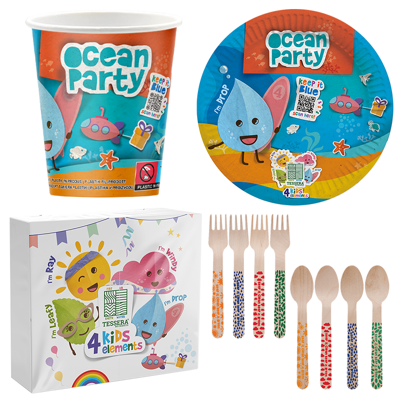 Intertan Disposable Tableware 16 x Cups Plates Forks & Spoons / 20 x Napkins / For a Party of 16 4KIDS Elements Ocean Party Set