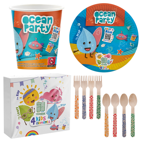 Intertan Disposable Tableware 16 x Cups Plates Forks & Spoons / 20 x Napkins / For a Party of 16 4KIDS Elements Ocean Party Set
