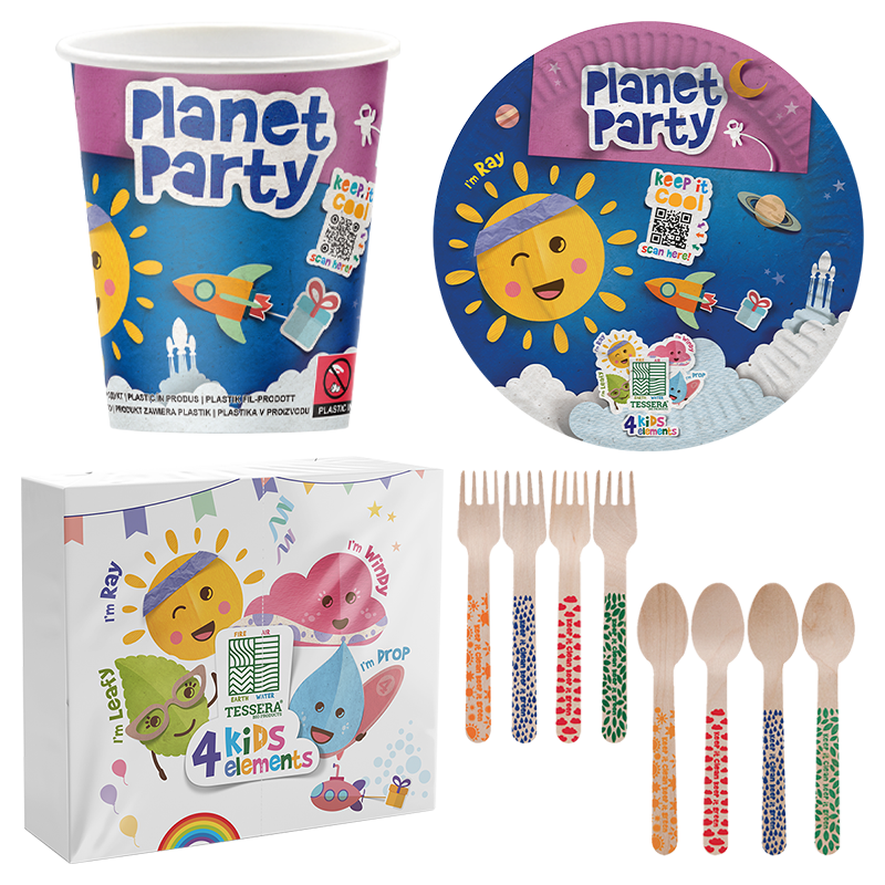 Intertan Disposable Tableware 16 x Cups Plates Forks & Spoons / 20 x Napkins / For a Party of 16 4KIDS Elements Planet Party Set