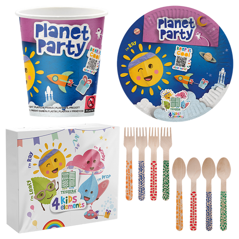 Intertan Disposable Tableware 16 x Cups Plates Forks & Spoons / 20 x Napkins / For a Party of 16 4KIDS Elements Planet Party Set