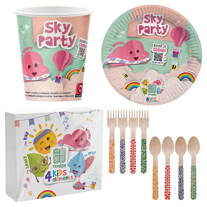 Intertan Disposable Tableware 16 x Cups Plates Forks & Spoons / 20 x Napkins / For a Party of 16 4KIDS Elements Sky Party Set