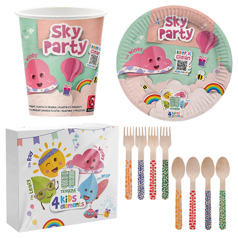 Intertan Disposable Tableware 16 x Cups Plates Forks & Spoons / 20 x Napkins / For a Party of 16 4KIDS Elements Sky Party Set