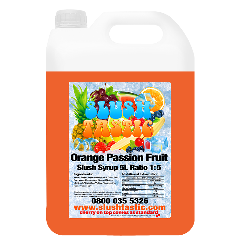 Corporate Vending Slush Syrup 5L Bottle Slushtastic Slush Syrup Orange Passion Fruit