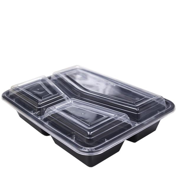H Pack Container 3 Compartment / Clear Lids / 300 Containers Black Base Microwavable 3 Compartment