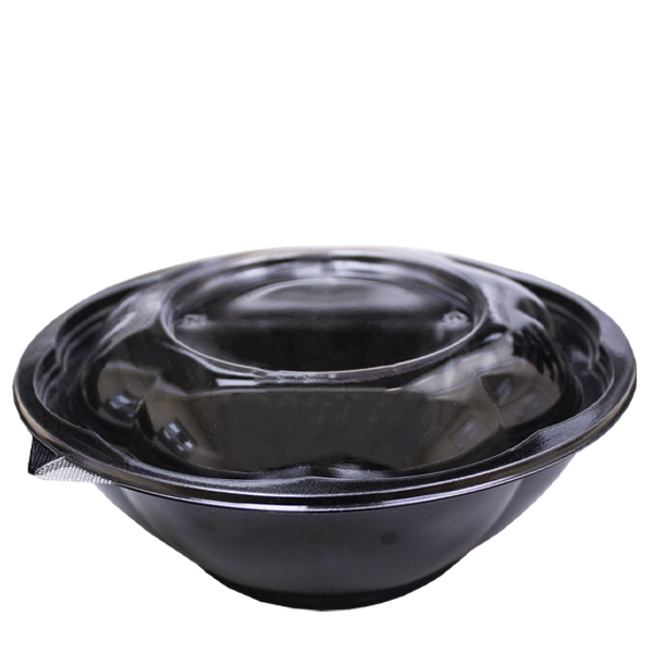 H Pack Container 18oz / Clear Lids / 300 Bowls Black Base Flower Design Salad Bowls