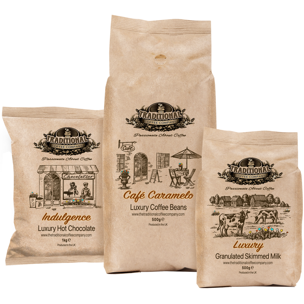 The Traditional Coffee Company Coffee Beans 500g Café Caramelo Blend / 1kg Indulgence Hot Chocolate / 500g Granulated Skimmed Milk Coffee, Milk & Hot Chocolate Value Pack