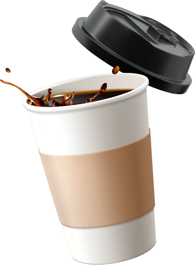 disposable coffee cup with black coffee splashing out the top